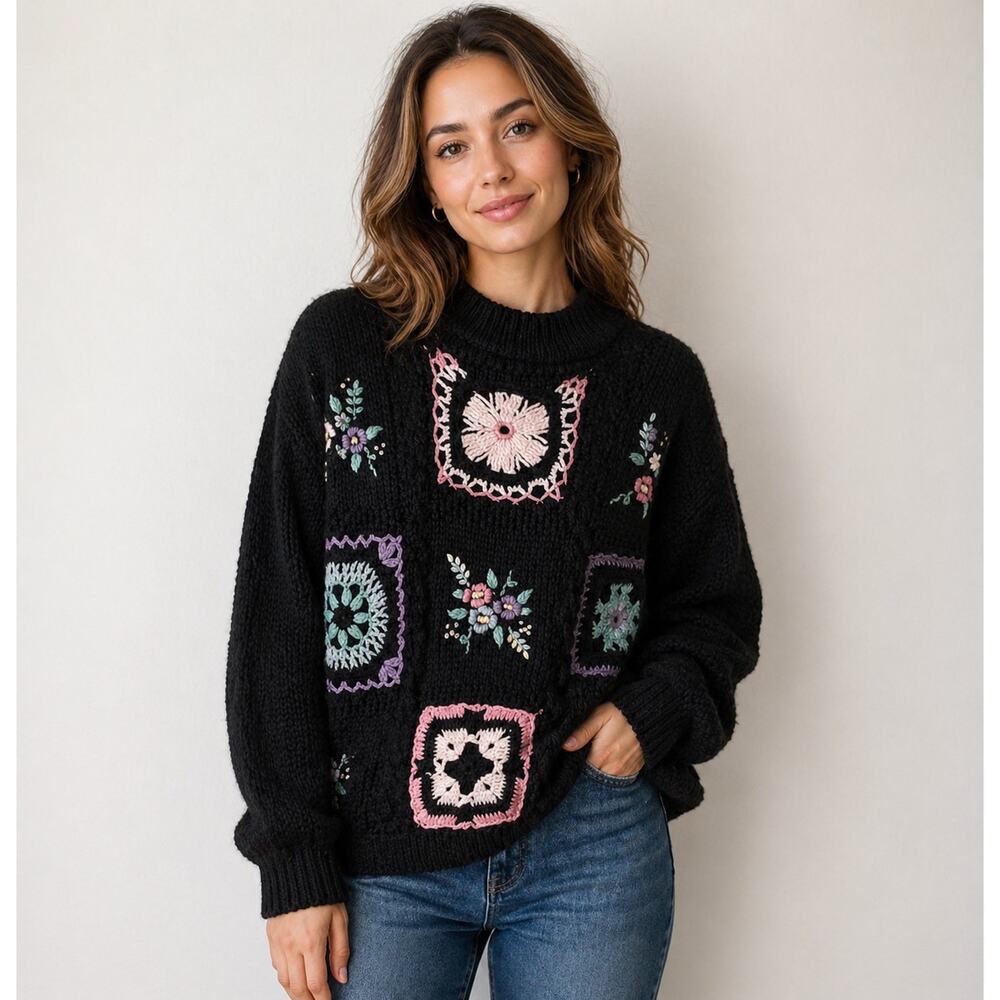 Vintage Grandmacore Crochet Black Sweater size small